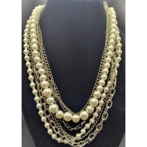 Multi-Strand Pearl & Silver Chain Statement Necklace